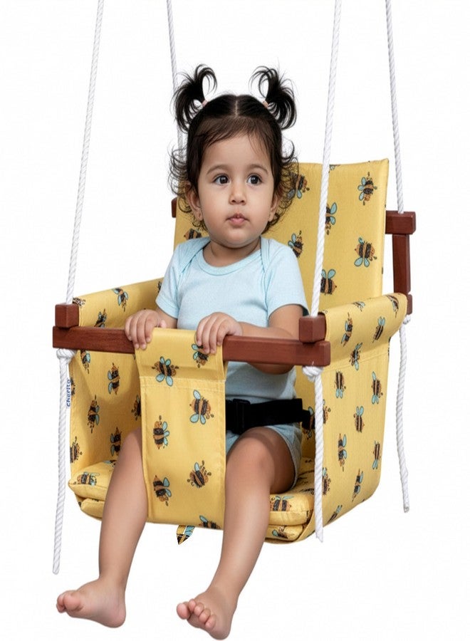 Cherilo Wooden Swing for Kids 6 Months to 5 Years | Indoor Outdoor Hanging Jhula for Kids | Comfortable & Safe Swing with 2 Cushions and Safety Belt | Strong Wooden Frame Swing for Baby - Honey Bee - Image 1